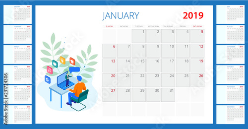 Isometric web banner online training or education and Internet training courses concept. 2019 calendar template.