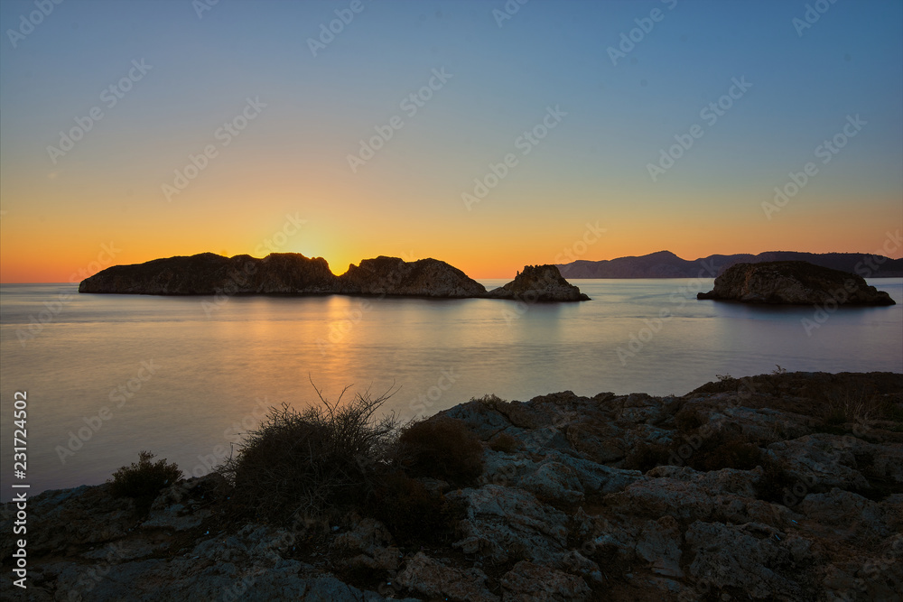 Sunset in Malgrats islands next to Mallorca.Mar mediterraneo. Spain