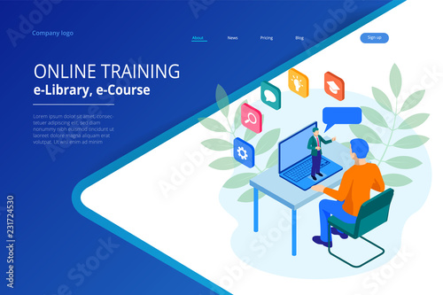 Isometric web banner online training or education and Internet training courses concept. Landing page template. Modern design for a web page.