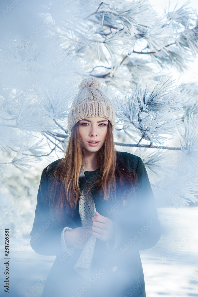 Beautiful winter portrait of young woman in the snowy scenery