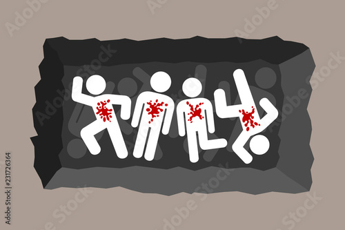 Mass grave after shooting - killed victims are buried in common deep hole in the ground. Execution, war crime and genocide. Vector illustration photo