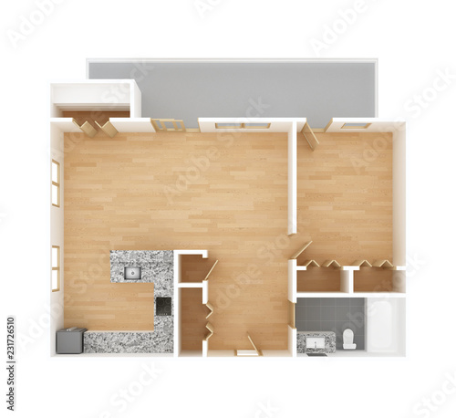 New home floor plan top view 3D illustration.
