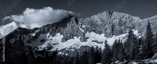 Black and white photograph of Blanca Peak, Ellingwood Point, and Little Bear Peak.  Three rugged mountains in the Sangre de Cristo range of the Colorado Rocky Mountains photo