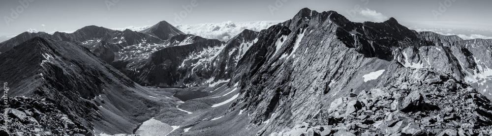 Colorado Rocky Mountain Panorama. Views of Blanca Peak, Ellingwood Point, Little Bear Peak, and Mt. Lindsey. Rugged mountains in the Sangre de Cristo range of
