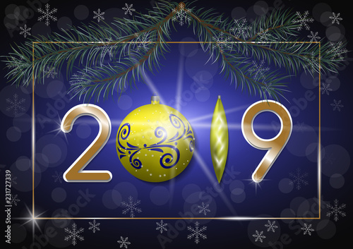 vector illustration of 2019 on a fabulous winter background with glitter snowflakes, pine and spruce branches and in place of numbers are Christmas decorations
