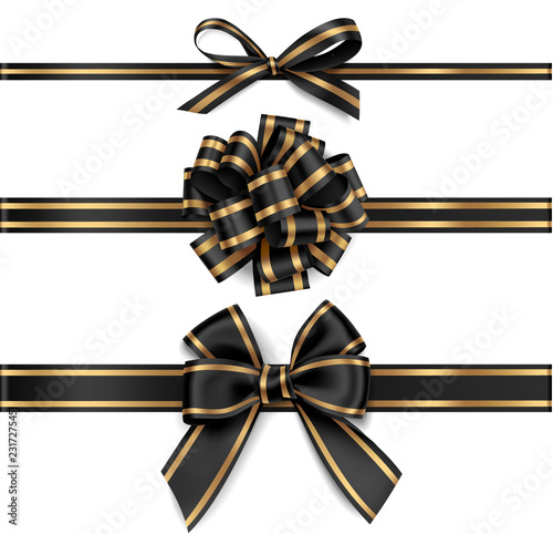 Set of decorative black bows with horizontal ribbons isolated on white background. Vector illustration. Holiday decoration for black friday sale design