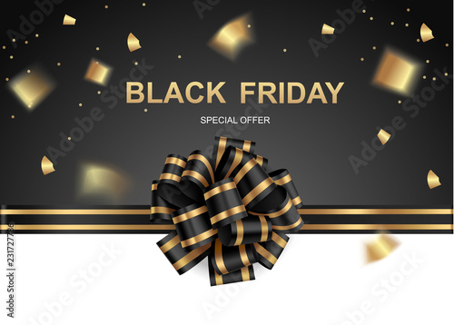 Black friday sale design template. Vector background with decorative bow and horizontal ribbon and text