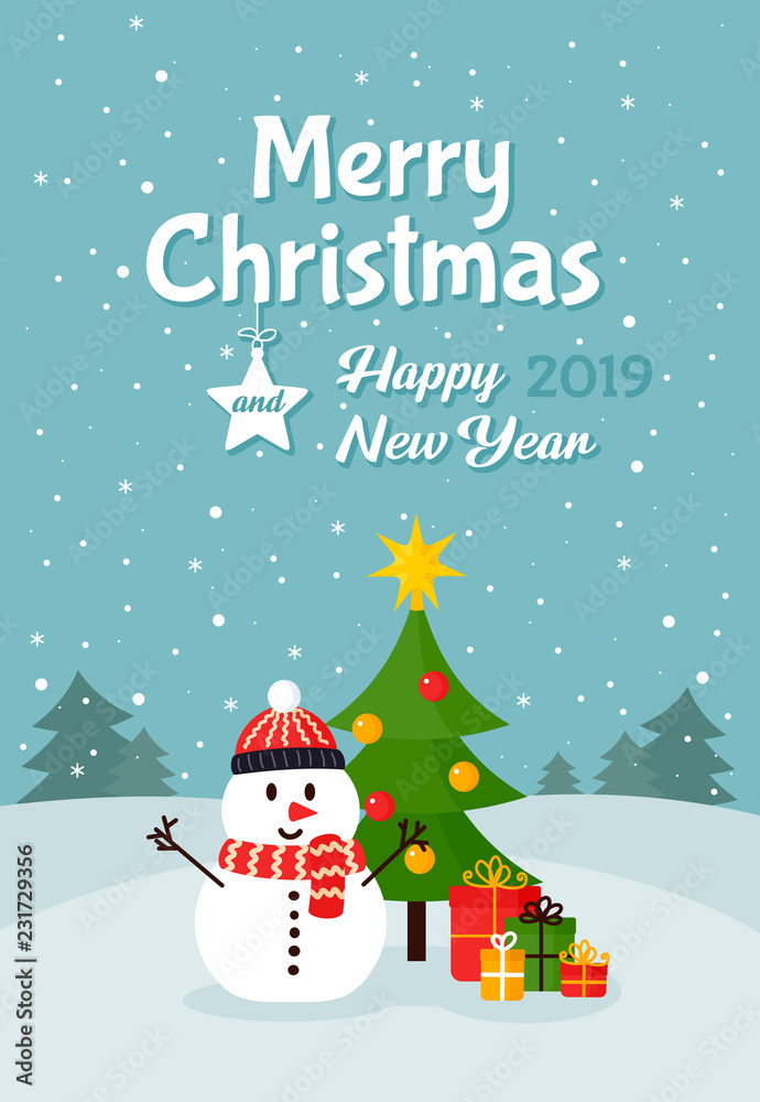Snowman near Christmas tree with gifts Snowman near Christmas tree with gifts