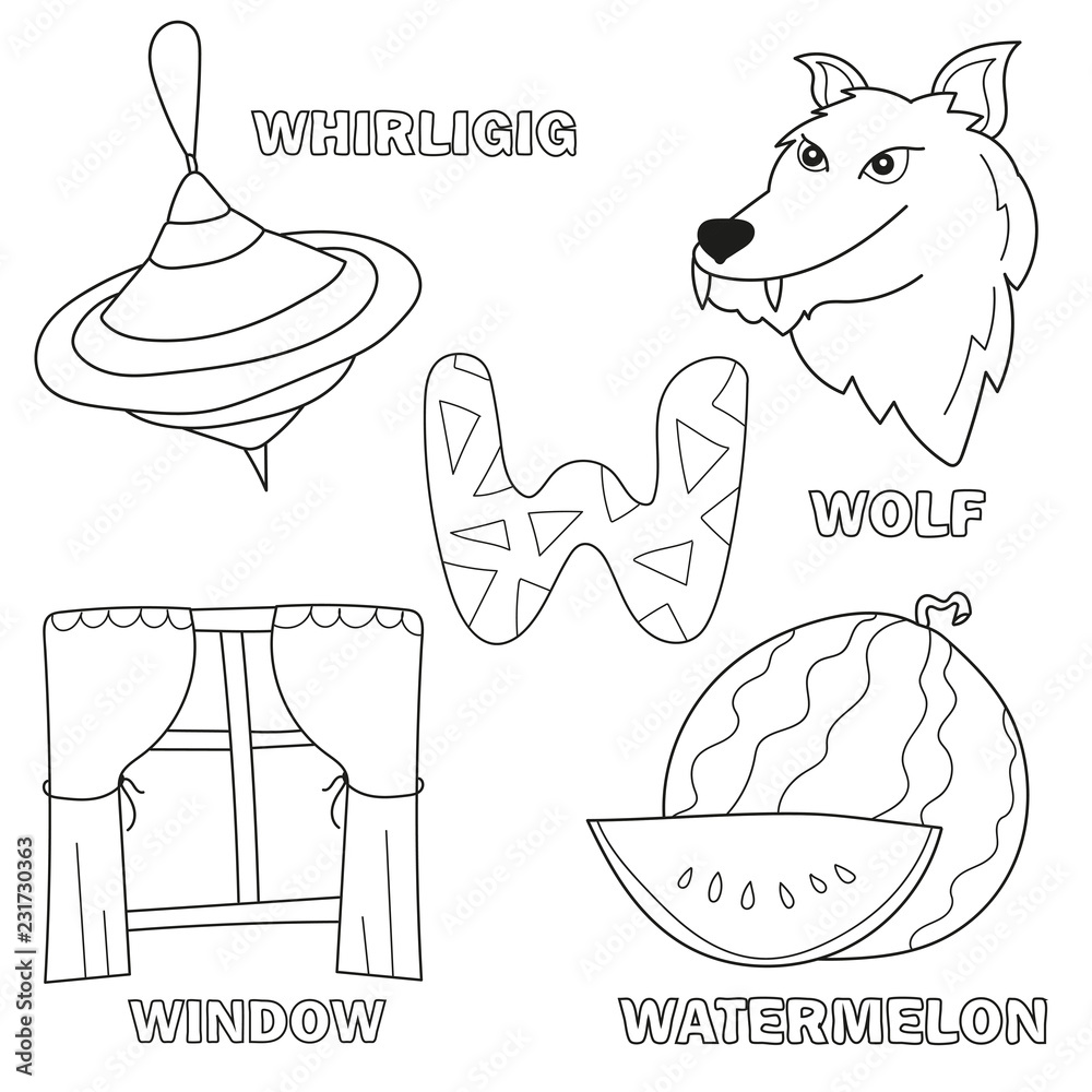 black and white cartoon vector illustration of letter w worksheet for preschool and elementary age children coloring book wolf watermelon window whirligig stock vector adobe stock
