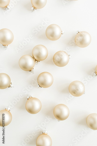 Christmas decorations pattern on white background. Flat lay, top view holiday composition.