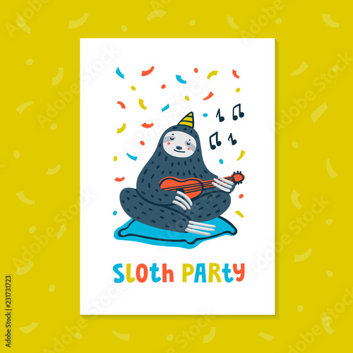 Animal party. Lazy sloth party. Cute sloth playing ukulele. Vector illustration.