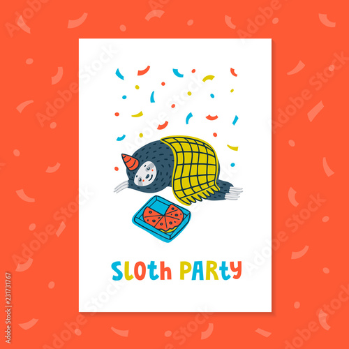 Animal party. Lazy sloth party. Cute sloth sleeping with pizza. Vector illust...