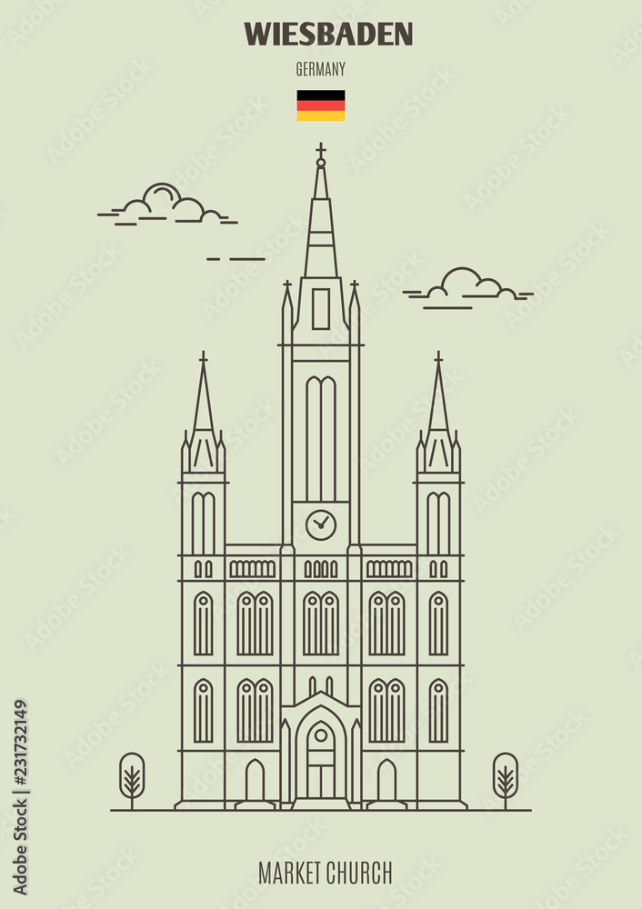 Market church in Wiesbaden, Germany. Landmark icon