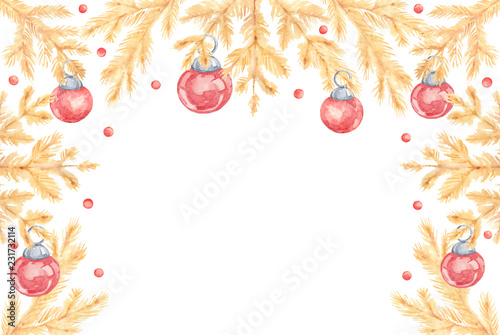  Watercolor illustration of Vintage Christmas Frame with red confittis, golden pine branches and Christmas balls on a white background.