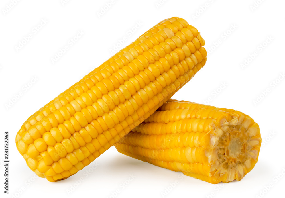 Two boiled corn on a white background, isolated. Two boiled corn on a white background, isolated.