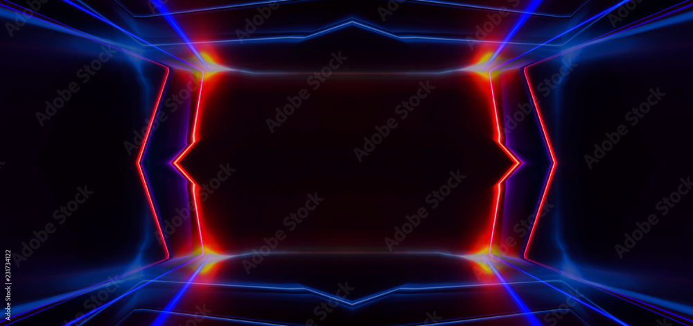 Background of an empty corridor with brick walls and neon light. walls, neon rays and glow Background of an empty corridor with brick walls and neon light. walls, neon rays and glow