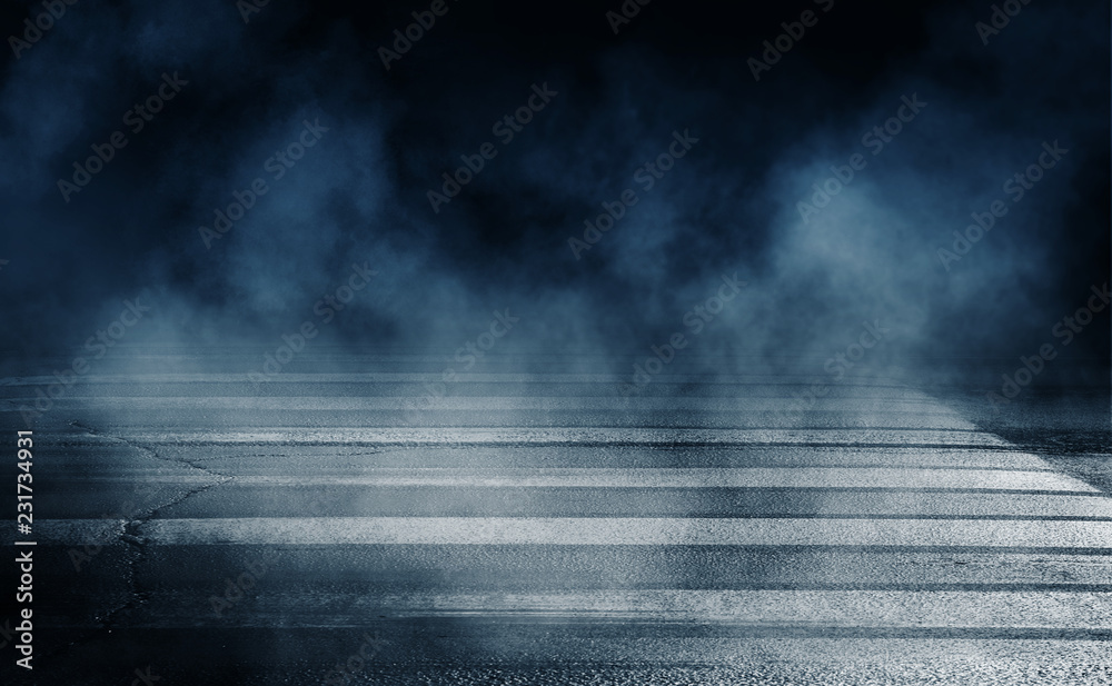 Background of empty dark room, street. Concrete floor, asphalt, neon light, smoke, spotlight Background of empty dark room, street. Concrete floor, asphalt, neon light, smoke, spotlight