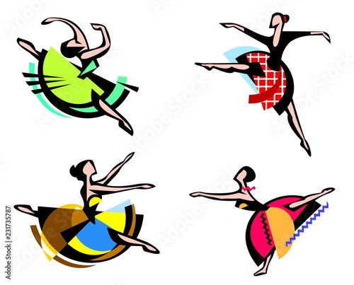 Four women dancing, ballet and modern, graphic style