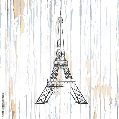 Fototapeta Naklejka Na Ścianę i Meble -  Eiffel tower drawing on wood
