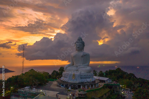 lighting and thunderstom around Phuket big Buddha in sunset