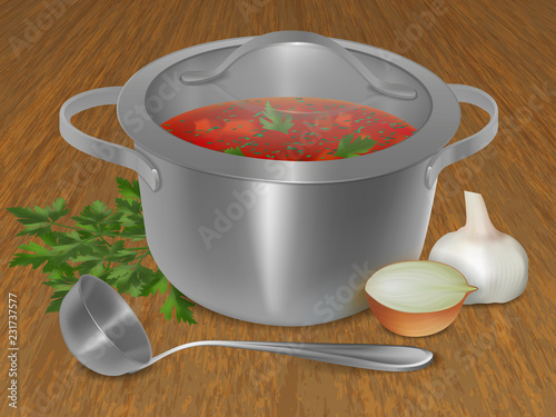 Red soup in a pot with onions, parsley and garlic. On a wooden table. Realistic style. Vector illustration.