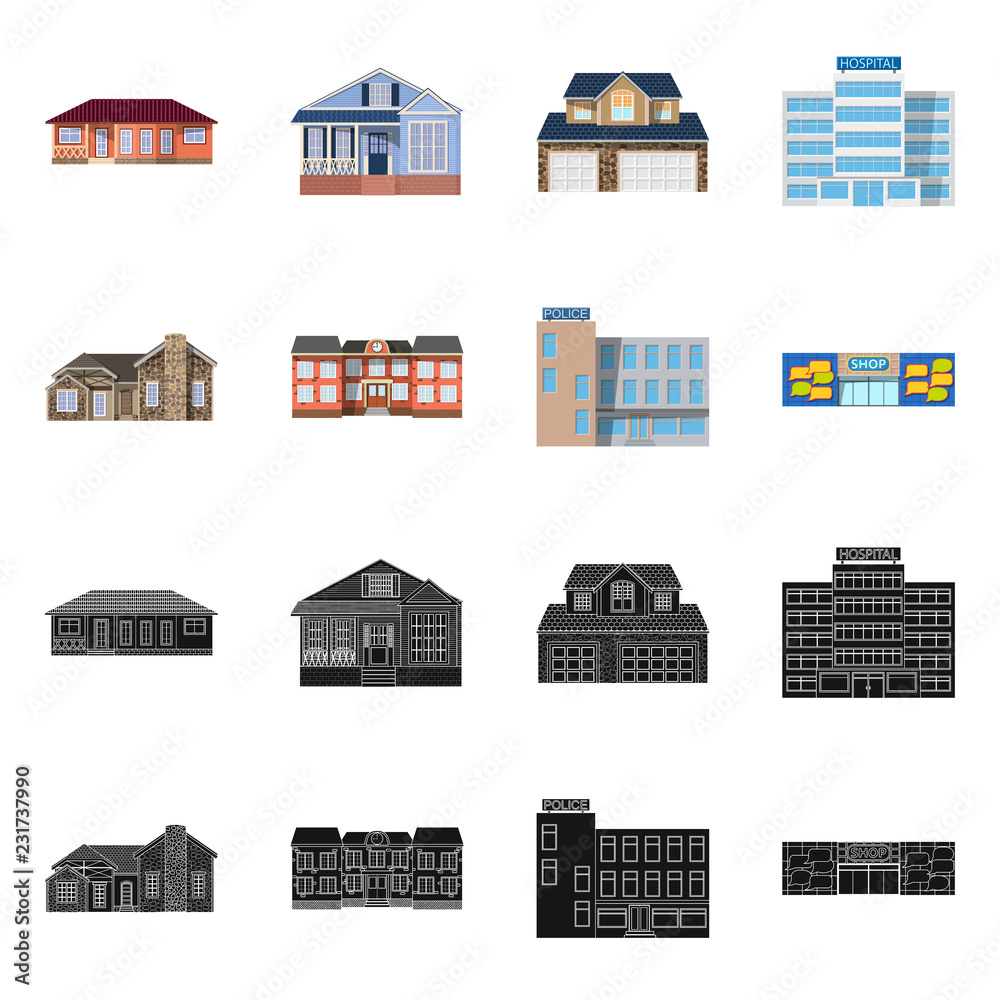 Vector design of building and front icon. Set of building and roof stock symbol for web.