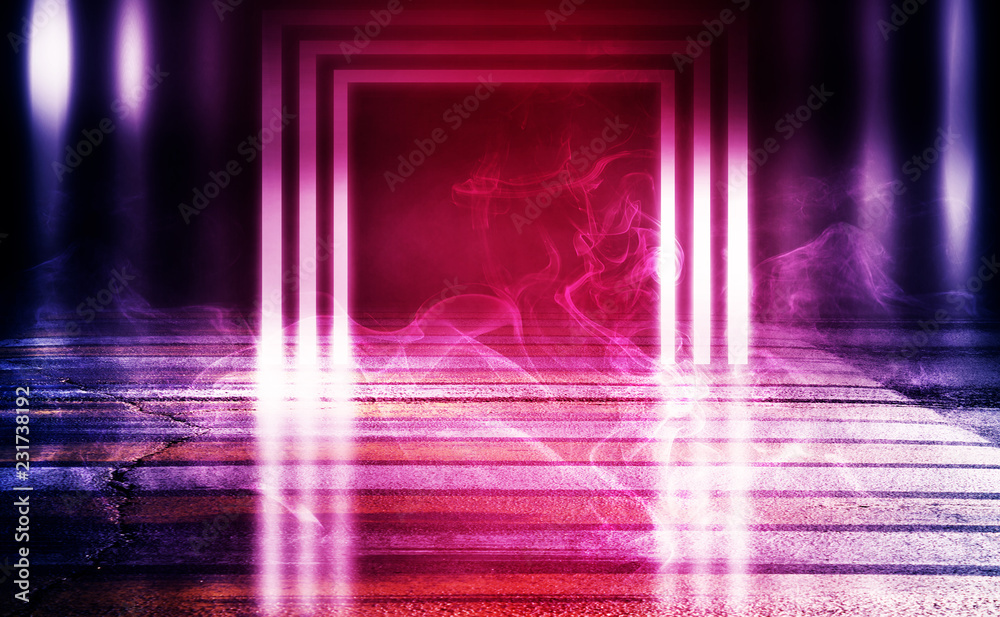 Background of empty dark room, street. Concrete floor, asphalt, neon light, smoke, spotlight Background of empty dark room, street. Concrete floor, asphalt, neon light, smoke, spotlight
