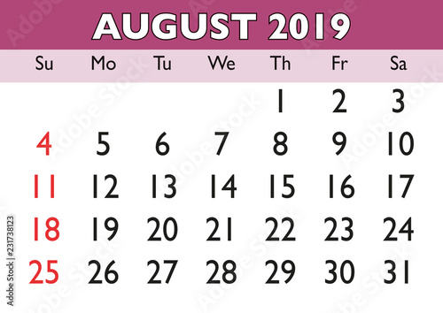 August month calendar 2019 english USA