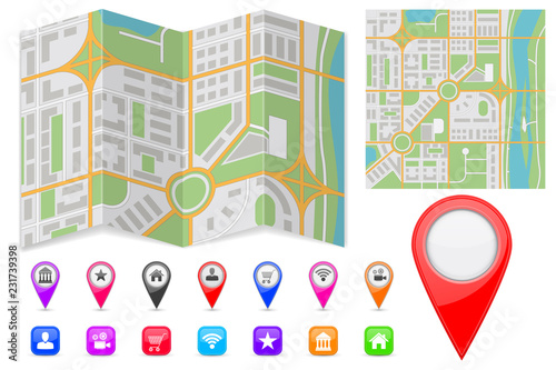 Abstract city map with location markers and icons