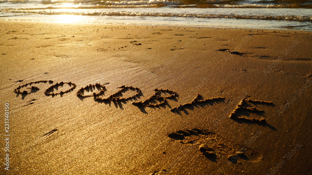 Schriftzug Goodbye im Sandstrand von Rügen Stock Photo | Adobe Stock