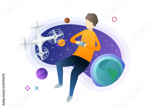 Man controlling drone via control panel. Quadcopter in virtual reality. Modern style vector illustration for landing page, website, banners and presentation.