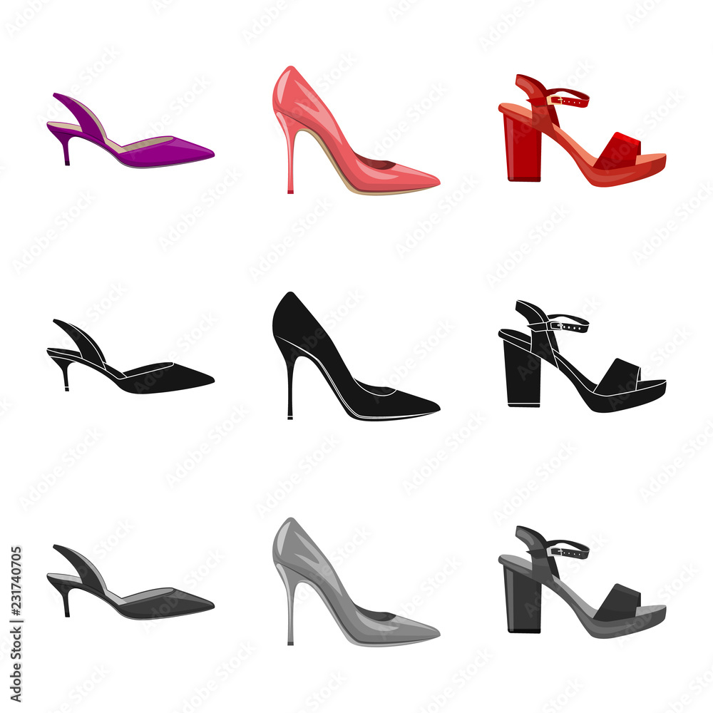 Isolated object of footwear and woman sign. Collection of footwear and foot stock vector illustration.