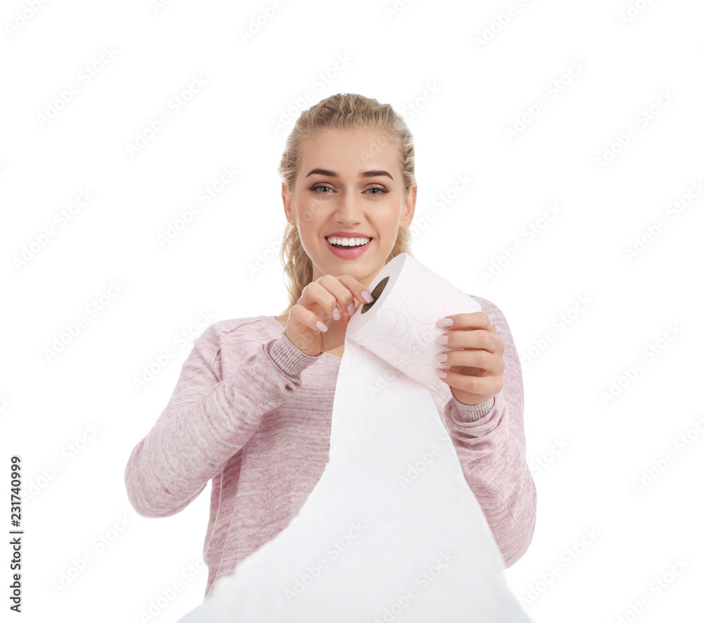 Beautiful young woman with toilet paper roll on white background Beautiful young woman with toilet paper roll on white background