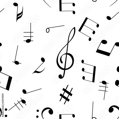 Music signs. Seamless pattern. Black notes and symbols on white background