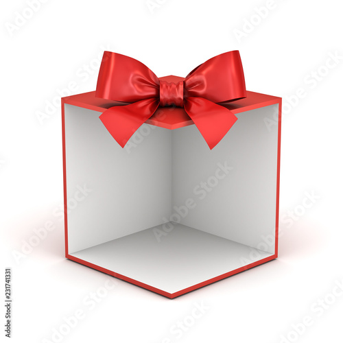 Blank red gift box backdrop or red present box with red ribbon bow isolated on white background with shadow 3D rendering photo