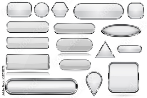 White glass 3d buttons with chrome frame. Collection