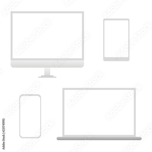 Set of white desktop computer display screen, smartphone, tablet, notebook or laptop. Mockup electronics devices. Isolated on white background.
