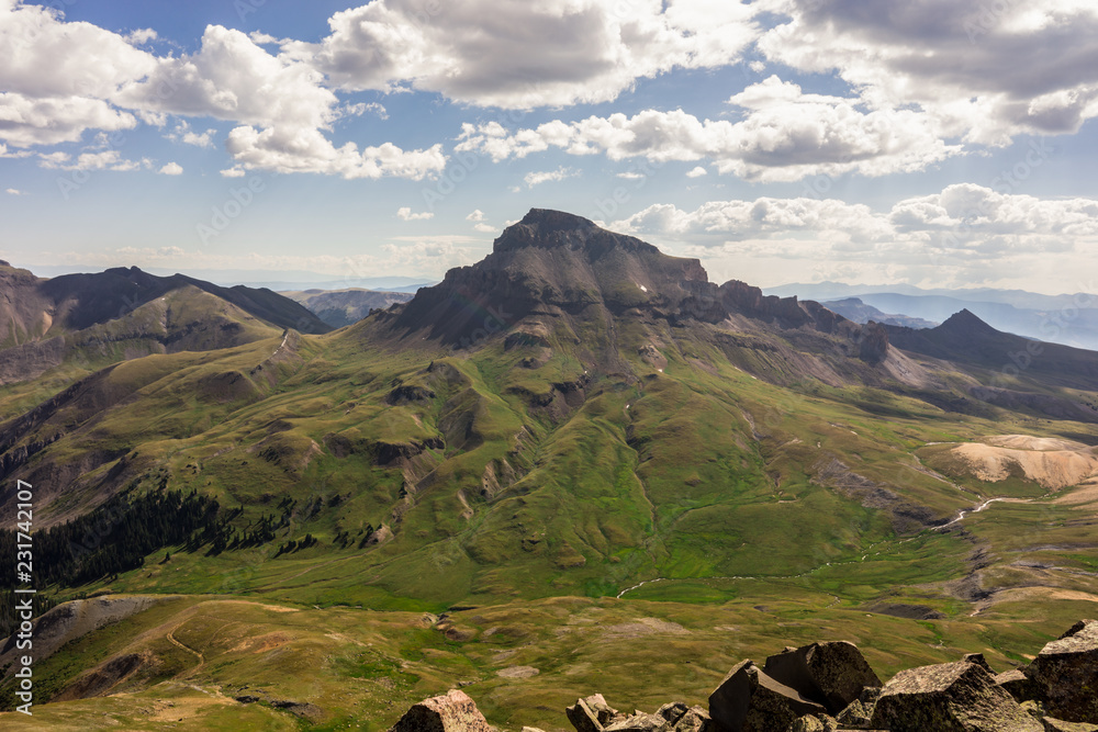 View of the Colorado Rocky Mountains. Taken from the summit of Matterhorn Peak, Uncompahgre Peak can be seen in the distance.