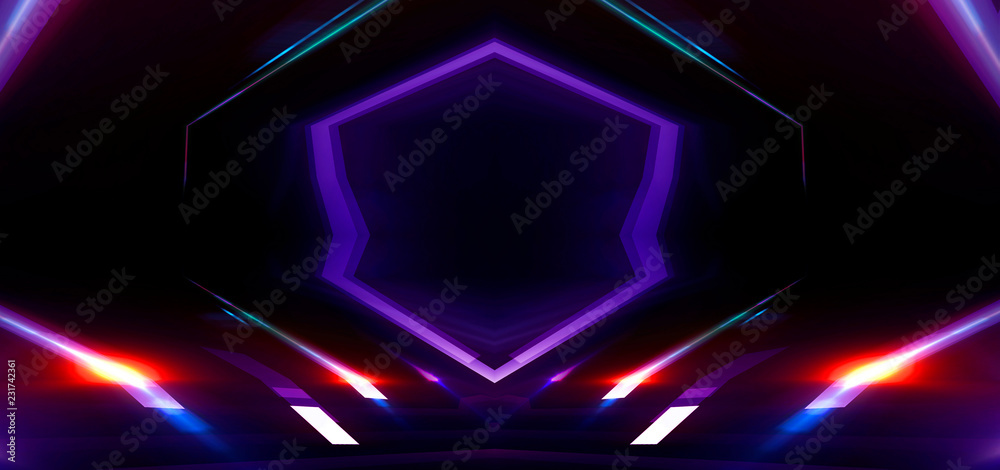 Background of an empty corridor with brick walls and neon light. walls, neon rays and glow Background of an empty corridor with brick walls and neon light. walls, neon rays and glow