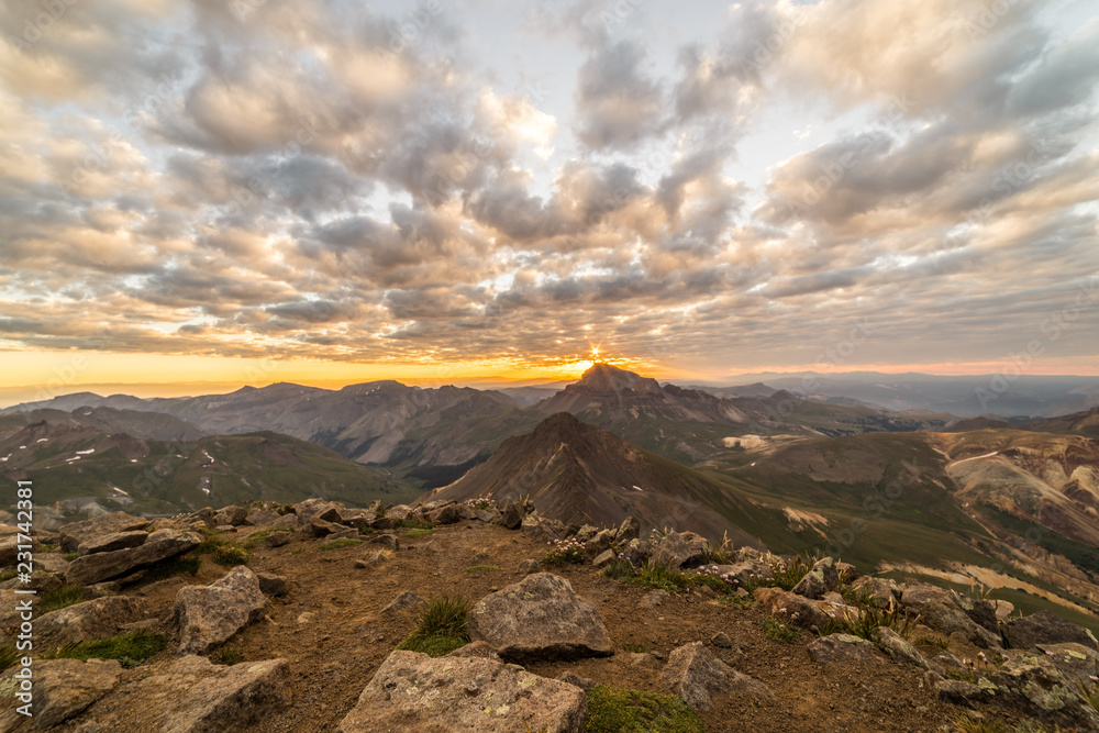 Dramatic Sunrise in the Colorado Rocky Mountains.  Photo taken from the summit of Wetterhorn Peak in the San Juan Range