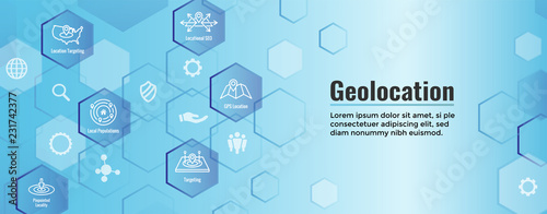 Geo Location Targeting with GPS Positioning and Geolocation Icon Set web Header Banner