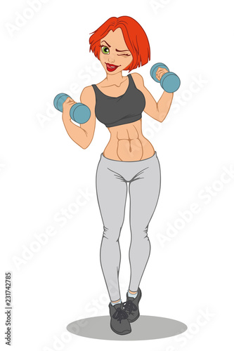 Athletic sexy girl with dumbbells