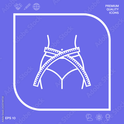 Women waist with measuring tape, weight loss, diet, waistline - line icon. Graphic elements for your design