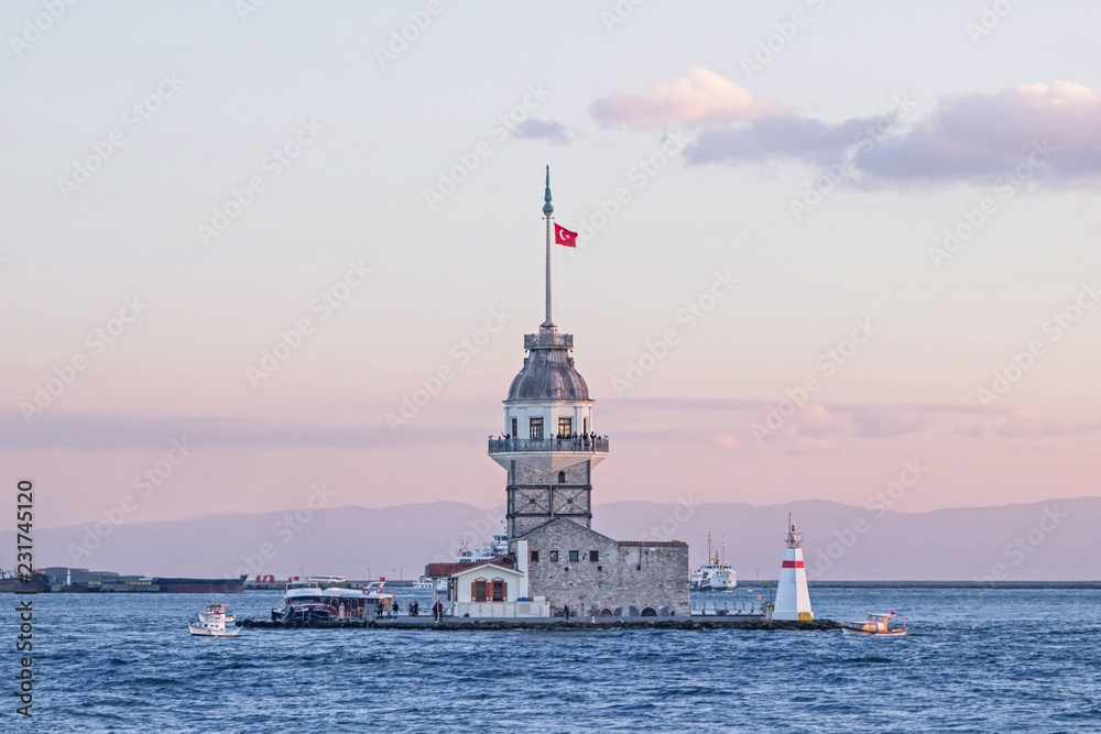 landscape of Maiden's Tower in Ocean at sunset in Istanbul 