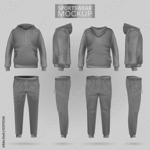 Mockup of the grey sportswear hoodie and trousers in four dimensions: front, side and back view, realistic gradient mesh vector. Clothes for sport and urban style
