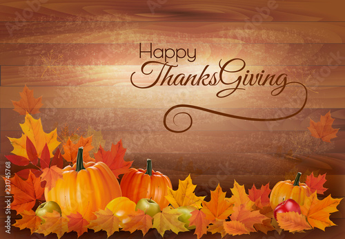 Happy Thanksgiving Background with colorful fruit and vegetables. Vector.