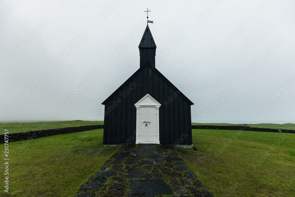Búðakirkja Black Church in Iceland during the rainy day