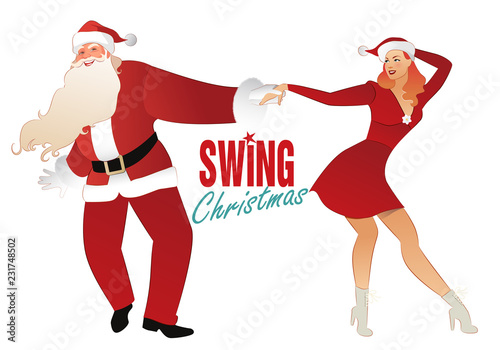 Christmas couple dancing swing, rock or lindy hop. Man dressed as Santa Claus and beautiful girl wearing Christmas clothes dancing retro music.