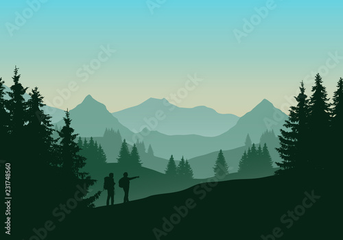 Vector illustration of a green landscape with coniferous forest with trees and two tourists, man and woman with backpacks. Hills and mountains with green blue sky with sunrise