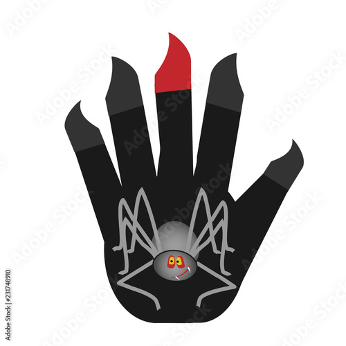 Black hand with the web. The spider spun a web on the palm of man. Superhero has left its mark. Hand vector drawing. Stylized print on a t-shirt. Black and white clipart. Sketch.